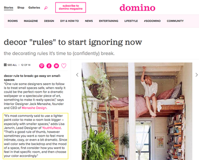 DOMINO, article featuring YouthfulNest founder, Lisa Janvrin's advice on designing with color 