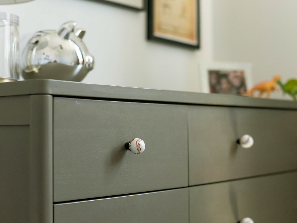 Big Kid Bedroom Design, close-up dresser with baseball knobs